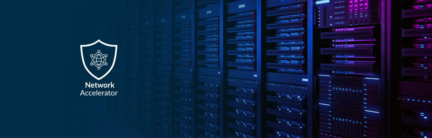 Server racks in a data center with 'Network Accelerator' logo on a blue background